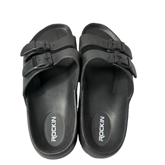 Rockin Huntington Buckle Slides Adjustable Black Rubber Unisex Size 42 US 11W 9M - Picture 6 of 9